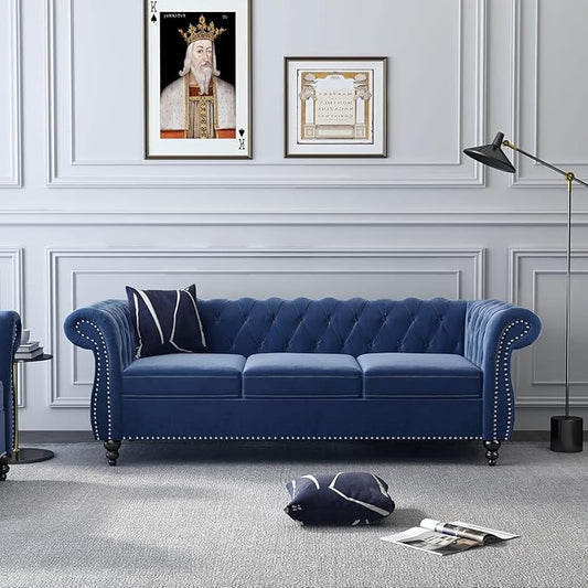 Chesterfield 3 Seater Sofa Modern Velvet Tufted Couch 3 Seater with Rolled Arms and Nailhead Mid-Century Upholstered Couch for Living Room Bedroom Apartment and Office Blue