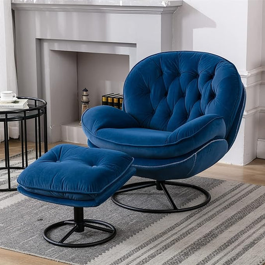 Accent Chair TV Chair Living Room Chair with Ottoman Modern Velvet Lounge Chair with Ottoman Set with Metal Legs Swivel Leisure Chair for ClubHome Office (Blue//Accent Chair)