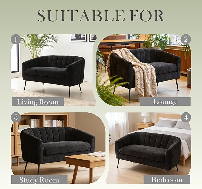 Aoiy &amp Wifon 50.2'' W Upholstered Loveseat Sofa Boucle 2-Seat Settee Loveseat with Metal Legs Upholstered Small Accent Couch for Small Spaces Raindrop Velvet Chenille Fabric Black