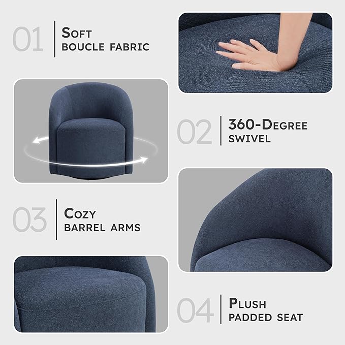 Lexicon 360 Degree Swivel Accent Chair Boucle Fabric Arm Chair with Metal Swivel Base and Sloped Arms for Living Room/Bedroom/Office Blue