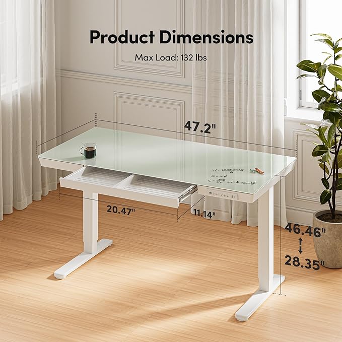 FEZIBO 48 × 24 Electric Standing Desk with Drawers Whole-Piece Glass Height Adjustable Desk with One-Piece Tabletop and USB Charging Ports One-Piece Quick Install Adjustable Sit Stand Desk White