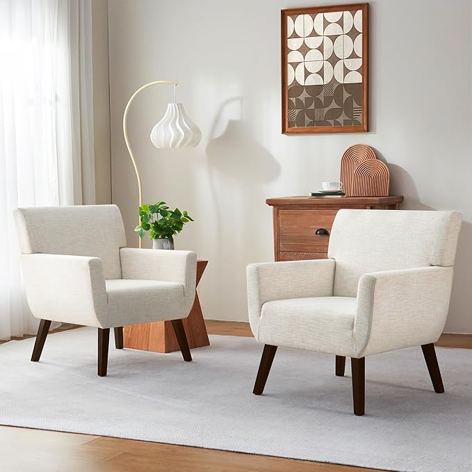 Upholstered Accent ChairMid Century Modern Office Fabric Small Living Room Chair with ArmComfy Wingback Armchair for Bedroom Reading (Beige 2 PC)