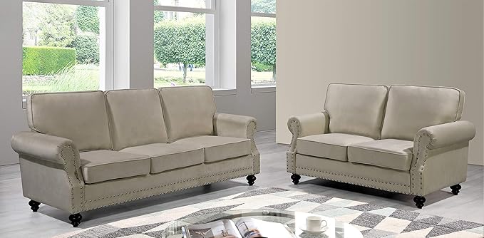 Lotus Mid Century Modern Velvet Upholstered Living Room Rolled Arms Loveseat Beige