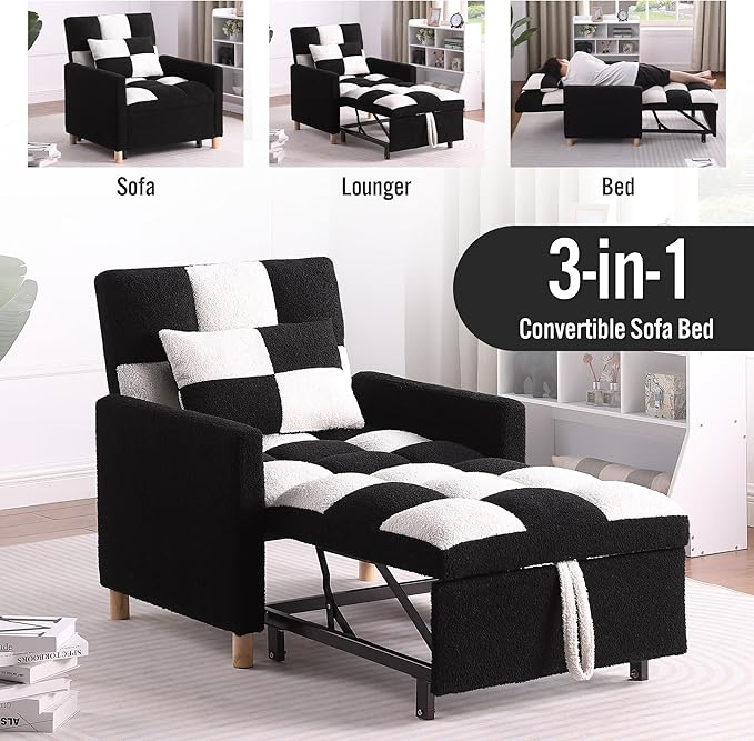 Sleeper Sofa Bed 3-in-1 Convertible Chair Bed Multi-Functional Sleeper Chair Soft Teddy Fabric for Living Room Apartment Office