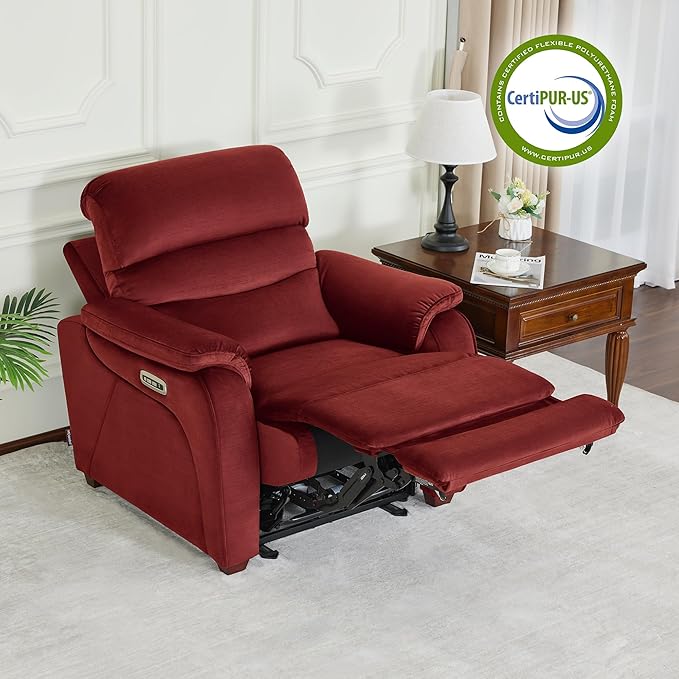 MCombo Power Zero Wall Hugger Recliner Chair for Small Space RV Living Room Power Recliner with Adjustable Headrest USB &amp USB-C Charging Ports Fabric ST257 (Burgundy)