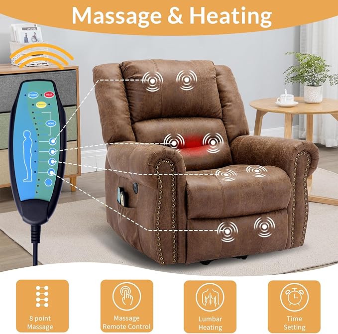 Electric Power Lift Recliner Chairs with Massage and Heat for Elderly Overstuffed Wide Ergonomic Lounge Chair Classic Single Sofa for Living Room with 2 Remote Control/USB Ports(Brown)