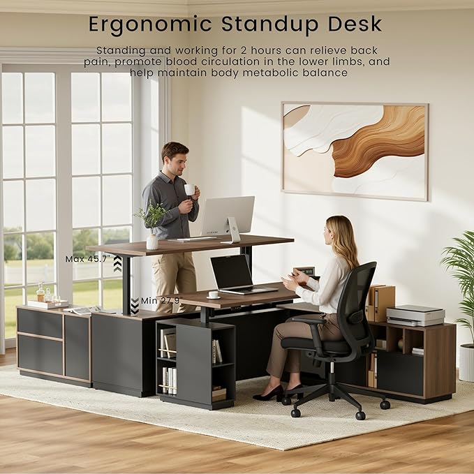 71 Executive Desk with Office Storage Cabinet L Shaped Height Adjustable Standing Desk Privacy Panel Furniture Set with Multiple Functions for Home and Office Black Walnut