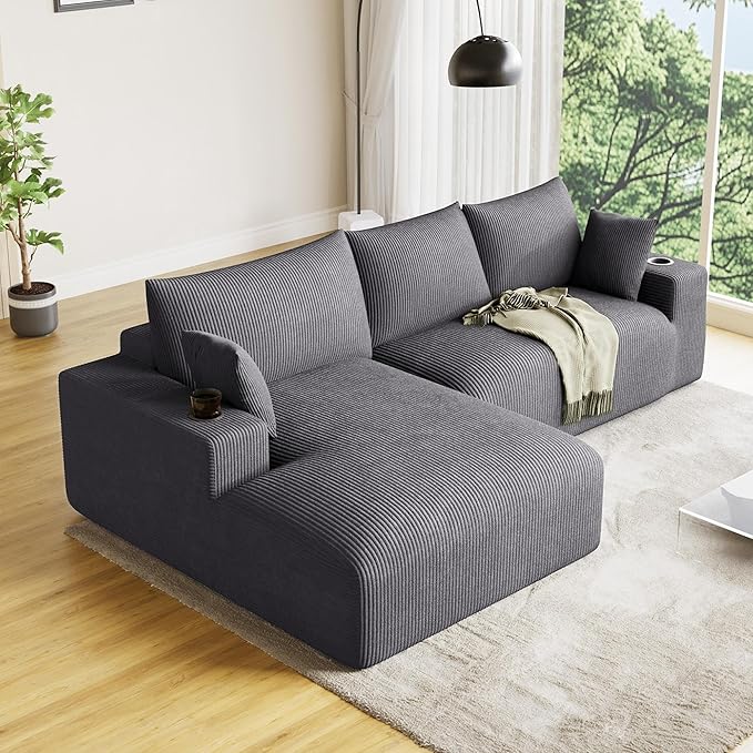 Oversized L Shaped Boneless Couch with 52 Wide Oversize Chaise 113 Fluffy Cloud Sectional Couches for Living Room Plush Corduroy Memory Foam Modular Sectional Sofa with Cup Holder Grey
