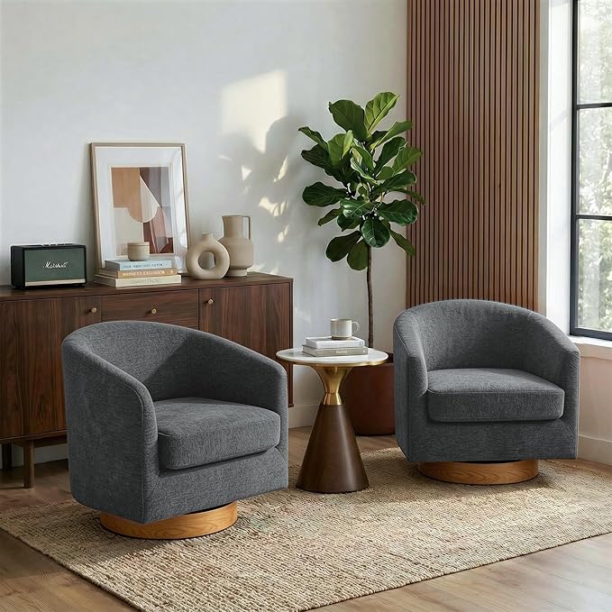 Swivel Barrel Chairs Set of 2 31 W Modern Round Swivel Accent Chair for Living Room 360° Rotation Upholstered Chenille Fabric Armchair Club Chair for Bedroom Reading Room Office (Gray)
