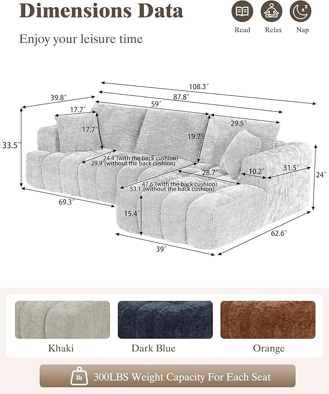 108 Boneless Cloud Modular Sectional Couch for Living Room L Shaped Sofa with Chaise | Chenille Fabric | Compressed Foam Sofa for Living Room | No Assembly (Orange Right Hand Facing)