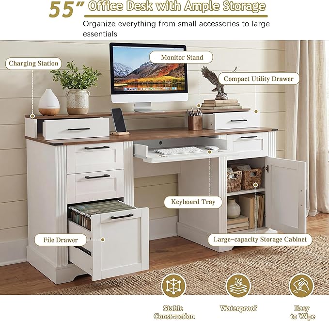 59.5 Farmhouse Office Desk with USB Charging Station Fixed Monitor Stand with Drawers Convertible Keyboard Tray &amp File Cabinet Home Computer Workstation with Large Storage