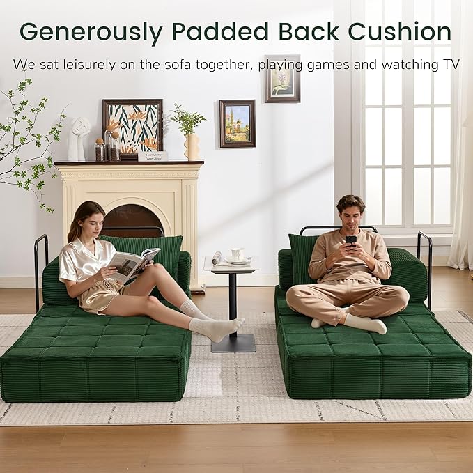 6-in-1 Convertible Sleeper Sofa Bed Corduroy Folding Mattress Couch with Fixed-Shape Frame Modular Foldable Boneless Couch Loveseat Couches with 2 Pillows for Living Room Bedroom Green