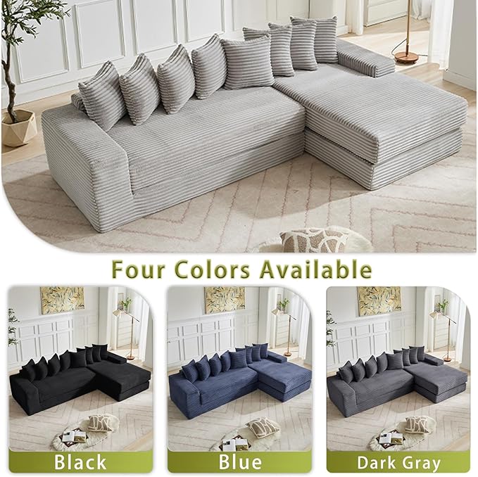 110 L-Shaped Modular Sectional Sofa with Chaise Lounge Corduroy Oversized Convertible Floor Sleeper Sofa Bed with 8 Pillows Modern Deep Seat Boneless Couches (Light Gray 110 + Right Chaise)
