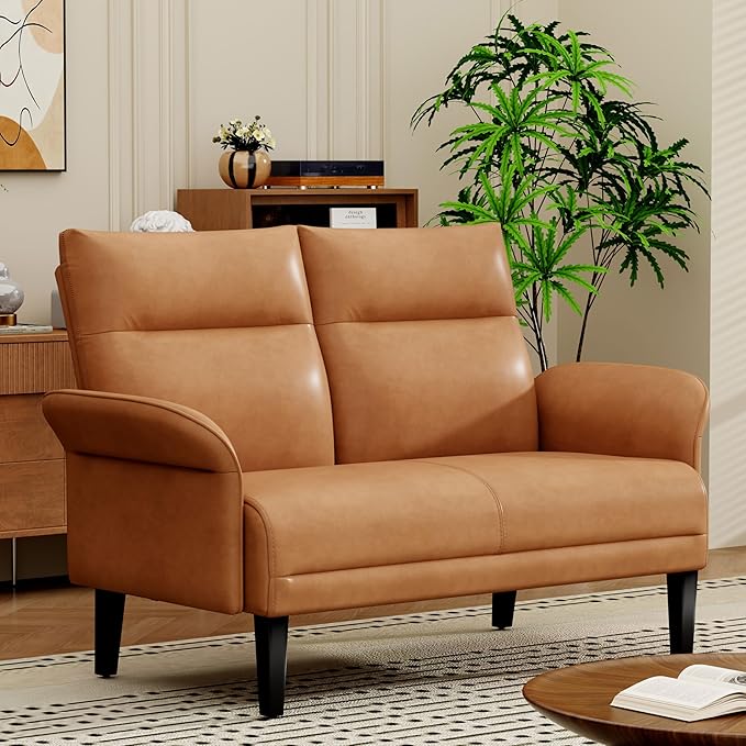 Love Seat Mini Couch Small Settee Loveseat Bench for Living Room Bedroom Office Faux Leather Loveseat Small Sofa Couches with Padded Cushion Brown