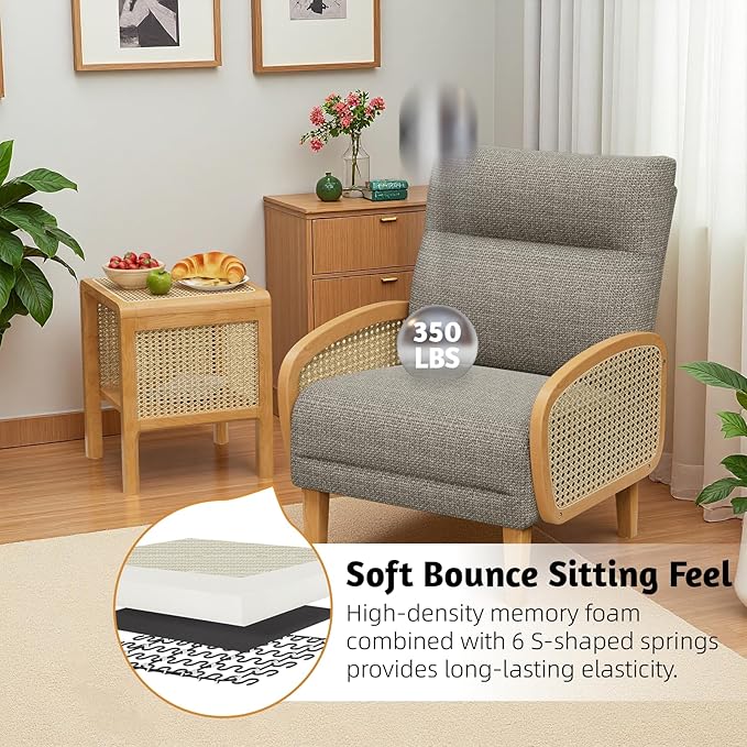 Rattan Accent Chairs Set of 2 Arm Chair with High Resilience Cushion Armchair with Sturdy Ash Wood for Living Room Brownish Gray