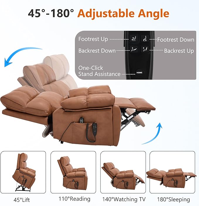 Oversized Power Lift Recliner Chair for Elderly Dual Motor Lift Chair with Vibration Massage &amp Lumbar Heating Standing Assistance Recliner with Cup Holders for Living Room - Faux Leather Orange