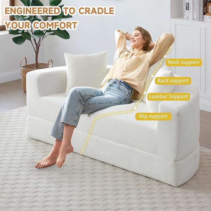 Curved Convertible Futon Sleeper Sofa Bed 67 Boneless Couch with Pull-Out Bed Corduroy Foldable Floor Mattress for Living Room No Assembly Required Round Beige