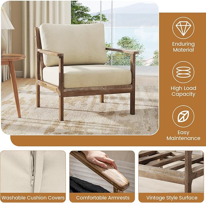 Giantex Mid Century Modern Accent Chair Set of 2 Wooden Arm Chair w/Solid Wood Frame Removable Seat Cushion &amp Pillow Vintage Comfy Reading Chair for Living Room Bedroom Study