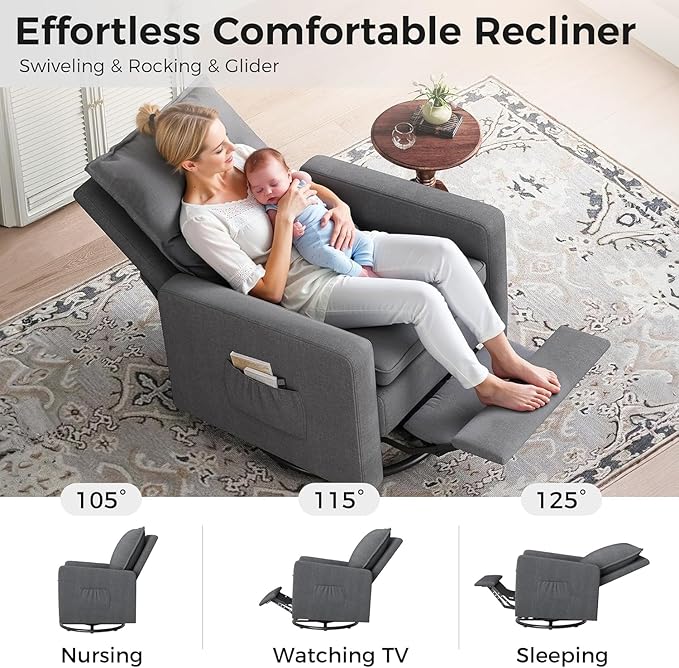 Rocker Recliner 360 Swivel Recliner Chair for Adults Fabric Chair with High Back Adjustable Push Back Overstuffed High-Density Sponge Reclining for Living Room Home Theater Nursery Bedroom
