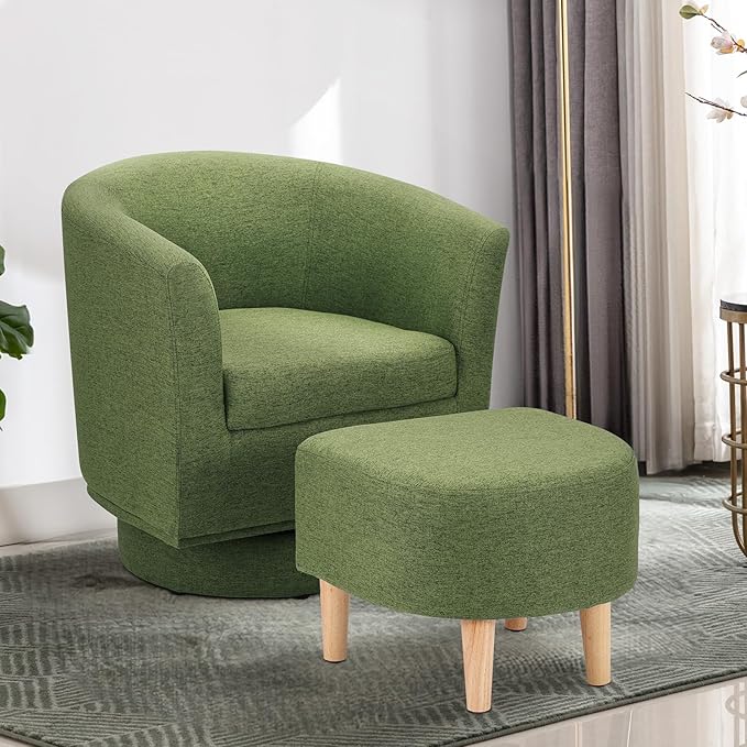 DAZONE Accent Chairs Set of 2 Green Barrel Chair with Ottoman Comfy Armchair for Small Spaces 360° Modern Fabric Lounge Chair for Living Room Bedroom Reading Nook Home Office