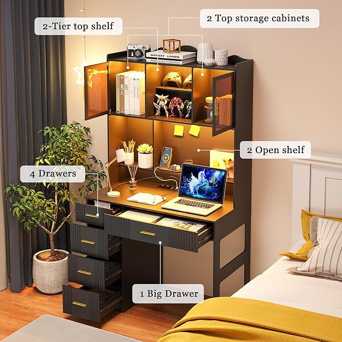 LED Study Desk with Hutch and Drawer Home Office Desk with Outlet Computer Desk with Charging Station Writing Desk for Bedroom Workstation for Small Space (Black)