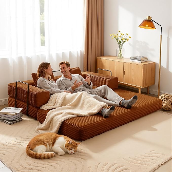 81'' Futon Sofa Bed Folding Floor Couch Bed Corduroy Fabric Boneless Couch Compressed Boneless Sofa in a Box Comfy Sleeper for Living Room-Orange