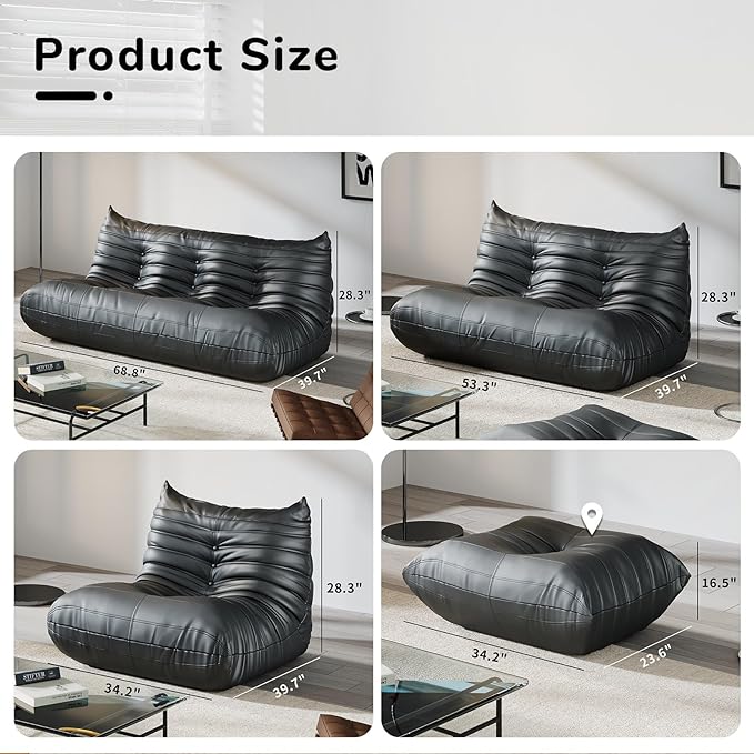 Comfy Lazy Floor Sofa CouchSoft Armless ChairFaux Leather Lounge ChairCorner Relax Sofa Couch for Living Room BedroomSalon OfficeAdults(Black+1P+ Ottoman)