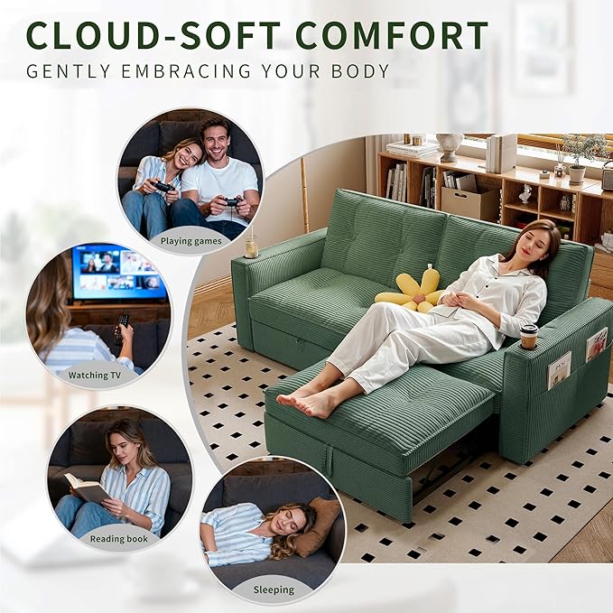 73.2 inch 2-in-1 Convertible Sofa Bed with Cup Holder | Space-Saving Sleeper for Small Apartments Dorms &amp Offices | Guest Ready in Seconds(Green+Corduroy)
