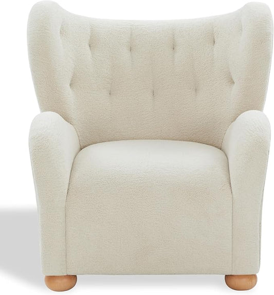 SAFAVIEH Couture Collection – Galloway Faux Shearling Wingback Accent Chair Beige Teddy Upholstered Lounge Seating (SFV5139C)