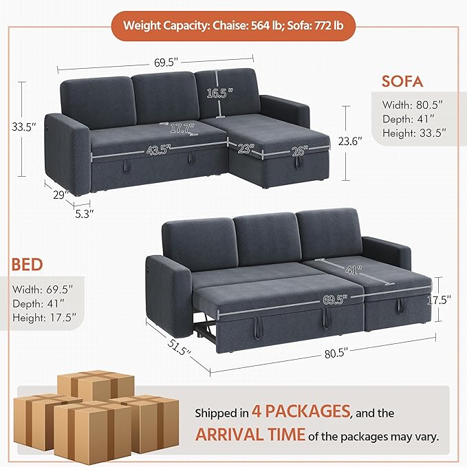 Yaheetech Sectional Sofa L-Shaped Sofa Couch Bed w/Chaise &amp USB Reversible Couch Sleeper w/Pull Out Bed &amp Storage Space Living Room Dark Gray