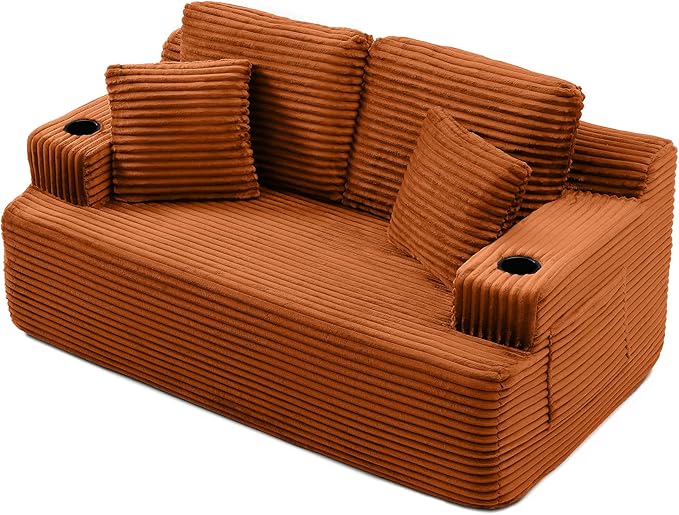 Floor Loveseat Boneless Sofa Couch in a Box with Cup Holder and Side Pockets Corduroy Upholstered 2 Seater Cloud Foam Sofa with Deep Seating for Living Room No Assembly | Breathable material Cuphol