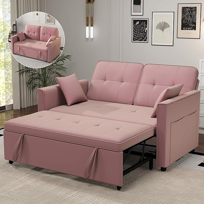 Pink Convertible Sofa Bed: 3 in 1 Sleeper Sofa Couch Bed Pull Out Couch with Adjustable Backrest Velvet Convertible Loveseat Sleeper for Living Room for Living Room(Pink)