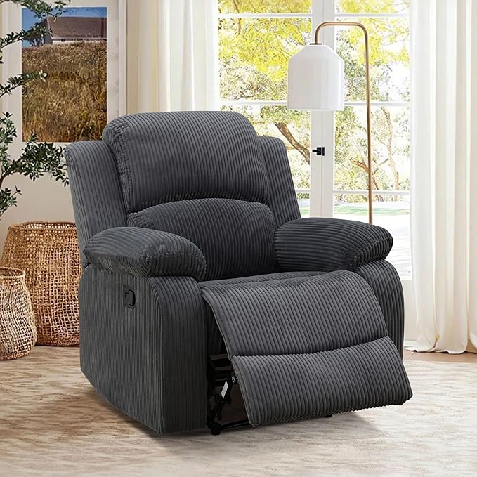 Manual Corduroy Recliner Chair Sofa for Living Room35 Ergonomic Reclining Chair with 10 Arm/Upholstered Seat/Metal FrameModern Single Couch for Rv Sofa/Home Theater/Office(Dark Grey)