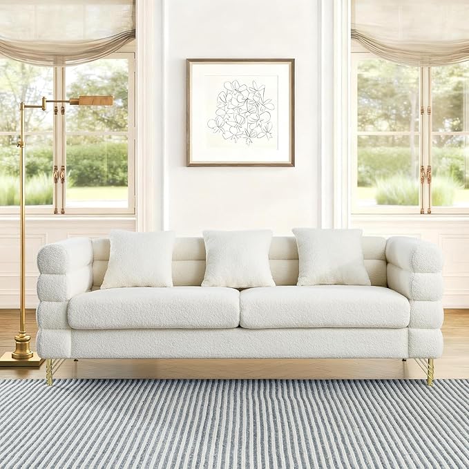 Loveseat Modern Sofa 81 Teddy Boucle Comfy Cloud Couch Upholstered Deep 3 Seater Sherpa Couch Set with Stylish Metal Legs for Living Room Home Office Bedroom Apartment White