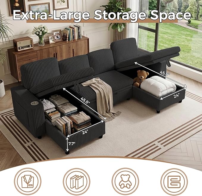Modular Sectional Sleeper Sofa with Pull Out Bed Plush Corduroy U Shaped Couch with Storage Chaise USB Ports Cup Holders Comfy Cloud Couches for Living Room Black
