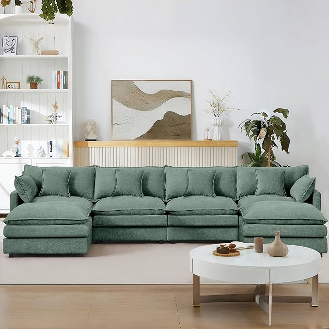 Harper &amp Bright Designs 130.7 Modular Sectional Sofa U-Shaped Cloud Couch Set with 2 Movable Ottomans 4-Seater Comfy Chenille Sofa for Living Room DIY Combination (Mint Green)