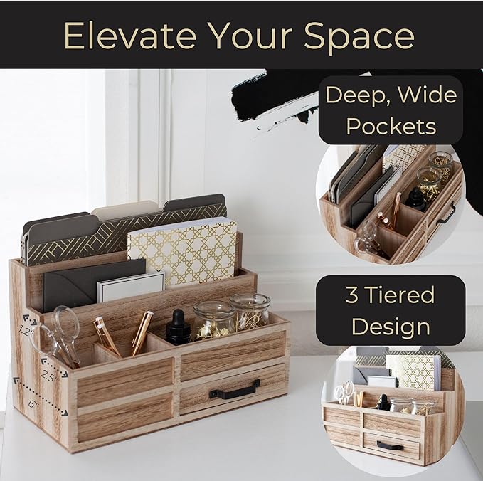 BLU MONACO | Natural Wood Mail Organizer with Drawer &amp Pen Holder | Rustic Desk Organizer for Bills Letters &amp Countertop Storage | Wooden Desktop Mail Sorter for Home &amp Kitchen