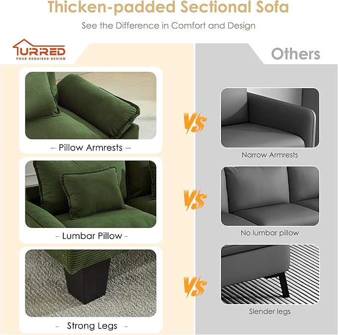 URRED Modular Cloud Couch Sectional Sofa 87 L Shaped Deep Seat Sofa with Ottoman &amp Pillows Ultra Comfy Corduroy Loveseat Sofa for Living Room Apartment or Bedroom Green | Corduroy Fabric