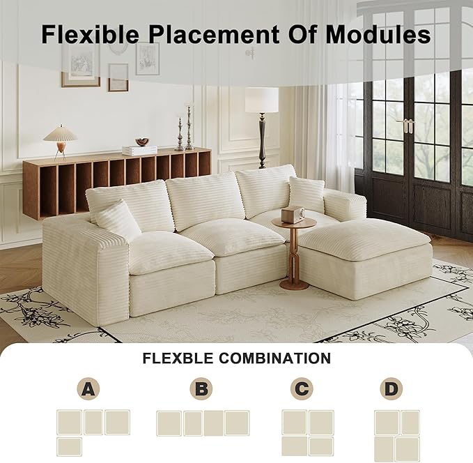 108'' Modular Sectional Sofa with Ottoman Corduroy Cloud Sectional Couches for Living Room High-Back Modern L Shaped Boneless Couch Deep Seat 3 Seater Sofa No Assembly Required Beige