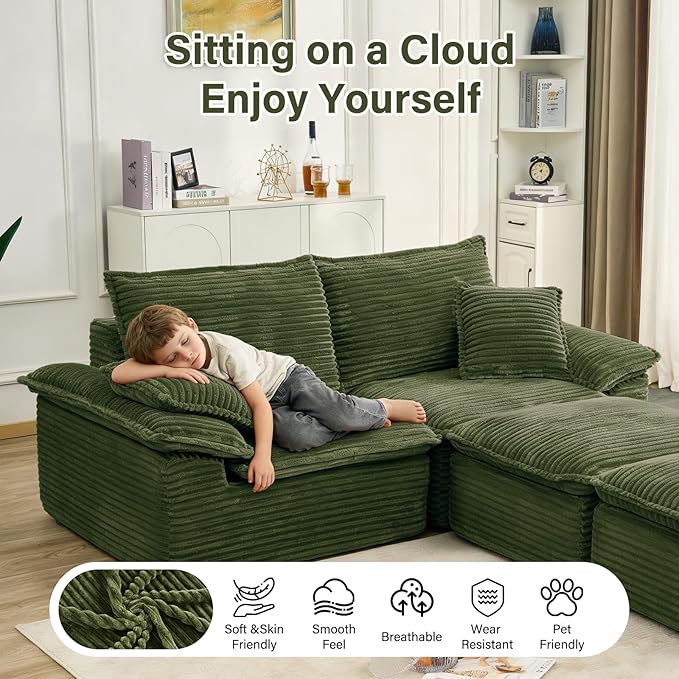 81 Boneless Loveseat with Removable OttomanOversized Upholstered Sofa Bed with PillowsPlush Faux Fur Lounge Reading Chairs with ArmrestsCloud Couches for Living RoomNo Assembly (Green) | No Assem