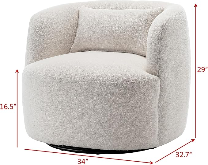 KINWELL 34 Wide Sherpa Swivel Barrel Chair No Assembly Round Boucle Upholstered Accent Chair Armchair Single Sofa Chair with Toss Pillow for Living Room and Bedroom Beige