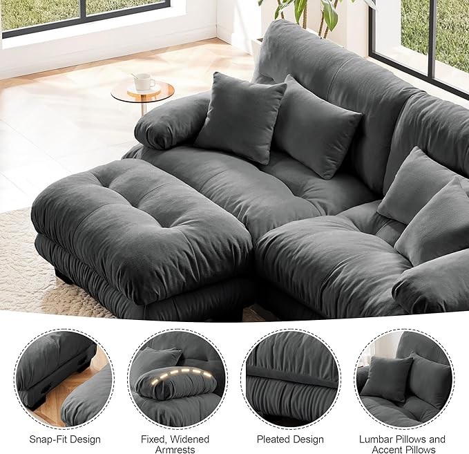 173.2'' Sectional Couches for Living Room Memory Foam Chenille Cloud Couch Round Arm Deep Seat U Shaped Couch Sofa with Pillow and Ottoman