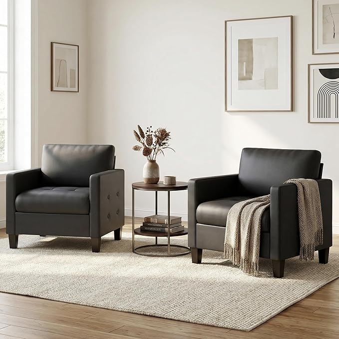 STHOUYN Accent Chair Black Leather Chair Mid-Century Modern Living Room Chairs Cozy Office Reading Chair with Tufted Seat and Armrest Reception Armchairs for Bedroom Waiting Room