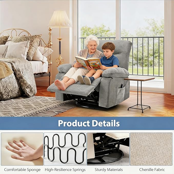 Rocker Swivel Recliner Chair for Adults Single Reclining Sofa Chair with Heated and Full Body Massage Lounge Recliner Glider for Small Living Room Bedroom Light Gray