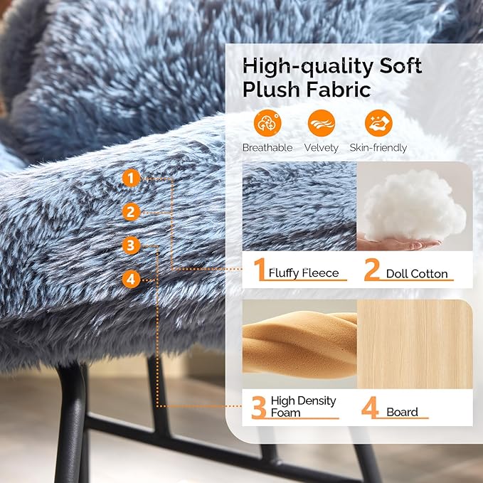 VINGLI 25.6 Extra Wide Nursery 115° Armless Rocking Chair Curved Cute Cross-Legged Glider Chair with Pillow &amp Solid Wood Nursing Chair for Bedroom Living Room Fluffy Fleece Ocean Blue