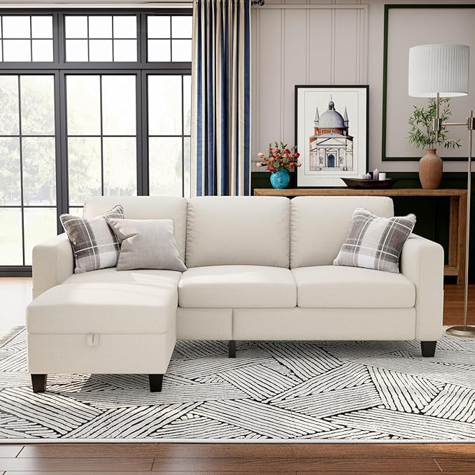 Sectional Sofa Couches for Living Room-78''Convertible Modular Three-Seater L-Shaped Pet-Friendly CouchWashable Sofa Cover-Bench StorageSuitable for Small Living RoomApartmentOffice-Beige