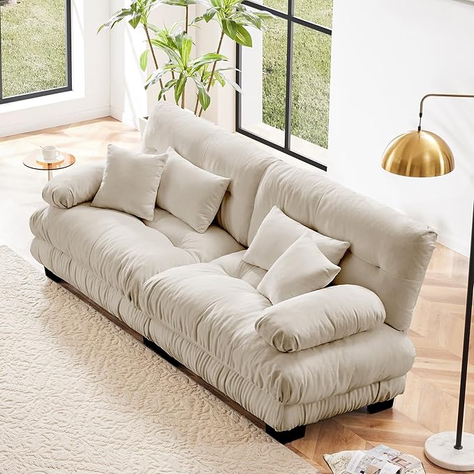 Cloud Couch 2 Seater Sofa for Living Room Chenille 2 - Seat Sofa with 2 Lumbar Pillows and 2 Throw PillowsChenille Light Coffee