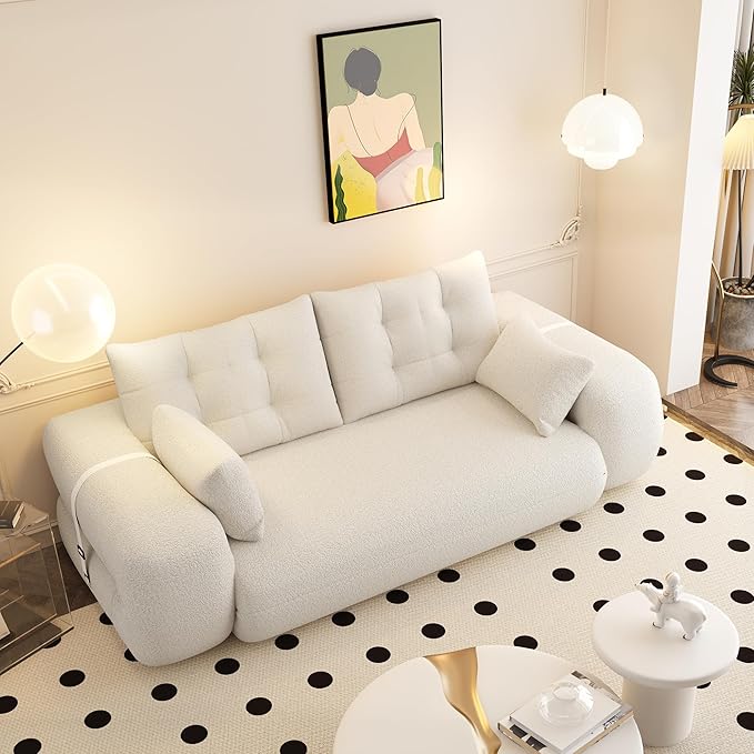 78.7 Convertible Sofa Bed 3-in-1 Folding Floor Couch with 4 Pillows Sleeper Sofa for Living Room and Guest Bed No Assembly Required (Beige Teddy Fabric)