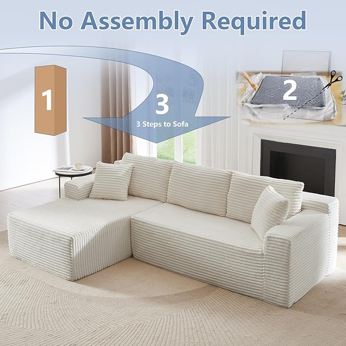 103 L-Shape Cloud Couch with Chaise Upholstered Corduroy Modular Sectional Sofa Deep Seat Couch with Free Combination for Living Room &amp ApartmentNo Assembly Required(WhiteLeft Facing Chaise)