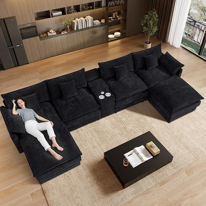 164 Oversized Modular Sectional Sofa Modern U Shaped Cloud Couch 6 Seat Sofa Set for Living Room Comfy Chenille Deep Seat with Storage Central Console Movable Ottomans Cup Holders USB Ports Black